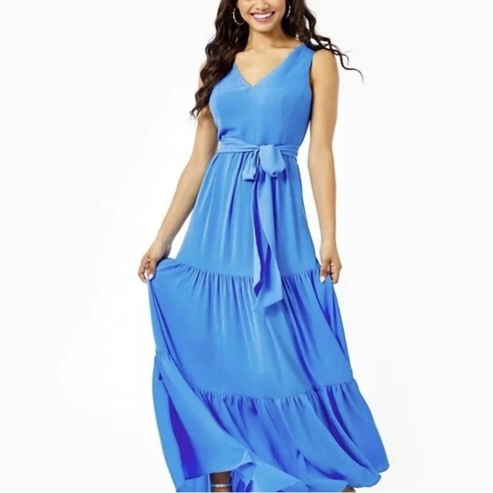 Lilly Pulitzer Maurine Maxi Dress Blue Thistle Sleeveless Tiered Size 12 w Belt